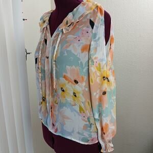 Catherine Malandrino Sheer Cold Shoulder Ruffle Blouse S watercolor floral boho